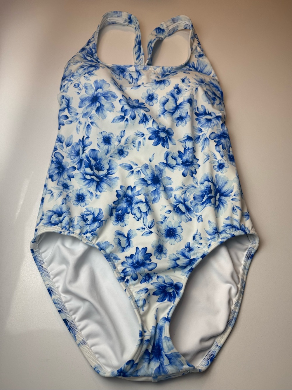Lands' End White & Blue Floral Casual One-Piece Swimsuit Size 6-Small